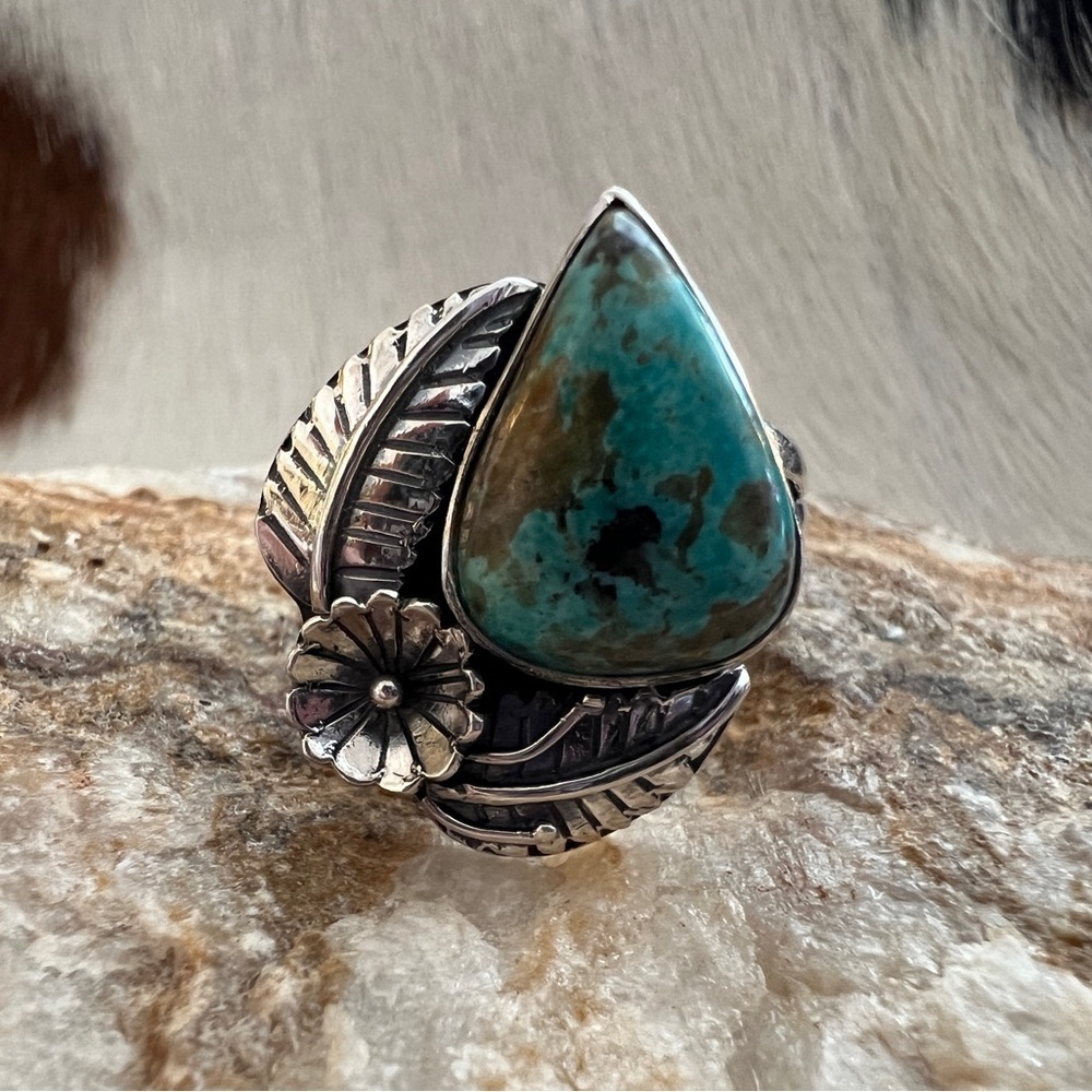 ❤️ Kingman Turquoise Decorative Statement Navajo Western Sterling Ring Sz 6.25